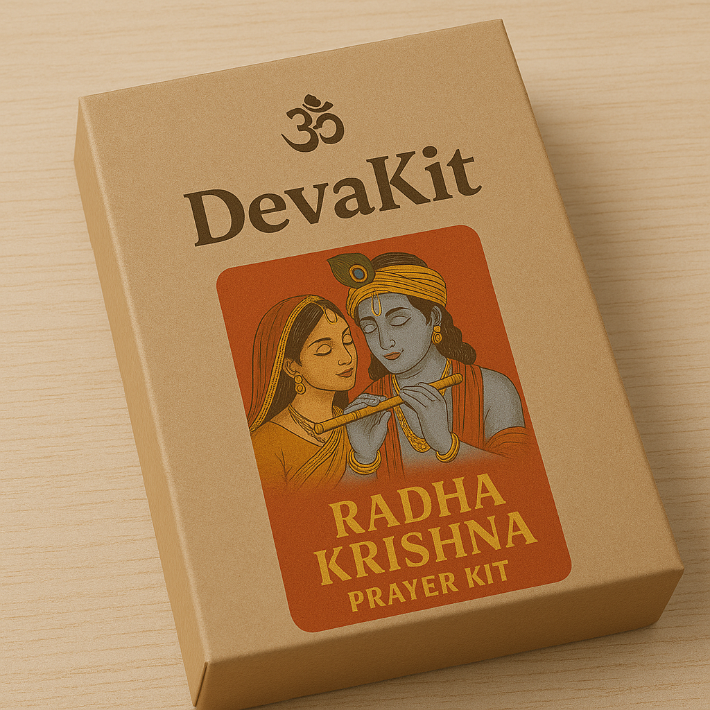 Radha Krishna Prayer Kit – Brass Idol, Tulsi Leaves, Diya & Sadhana Essentials